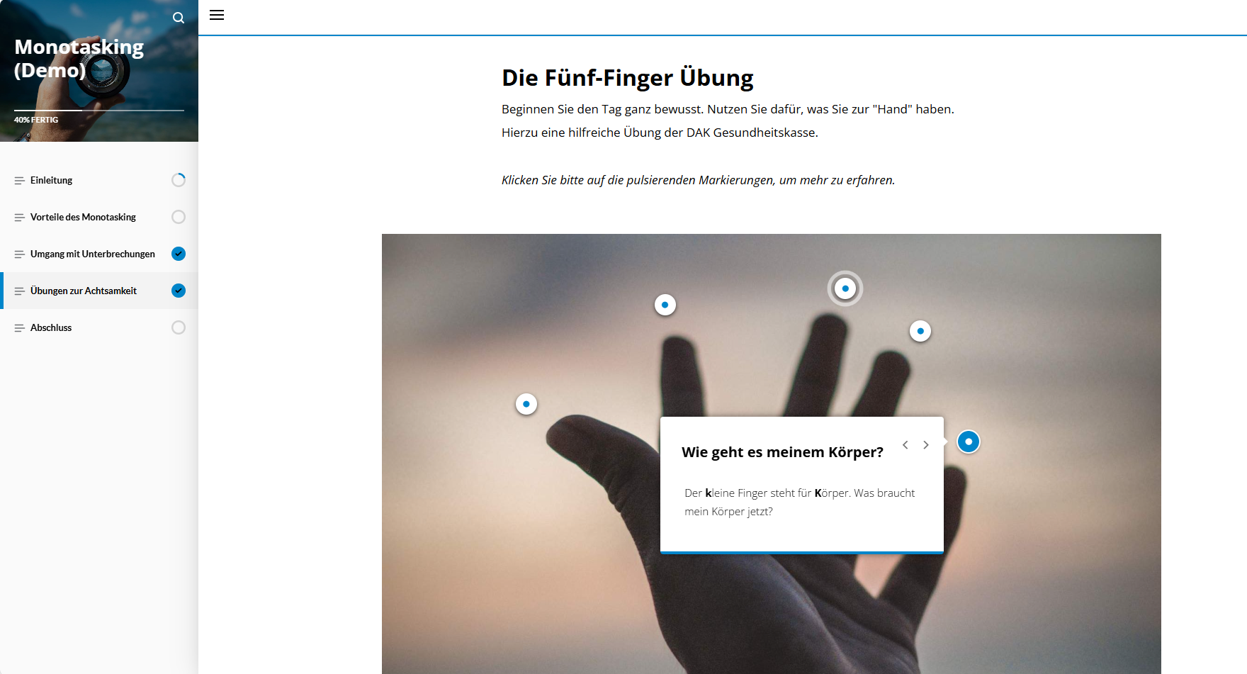Blick ins WBT Monotasking, fünf Finger-Übung